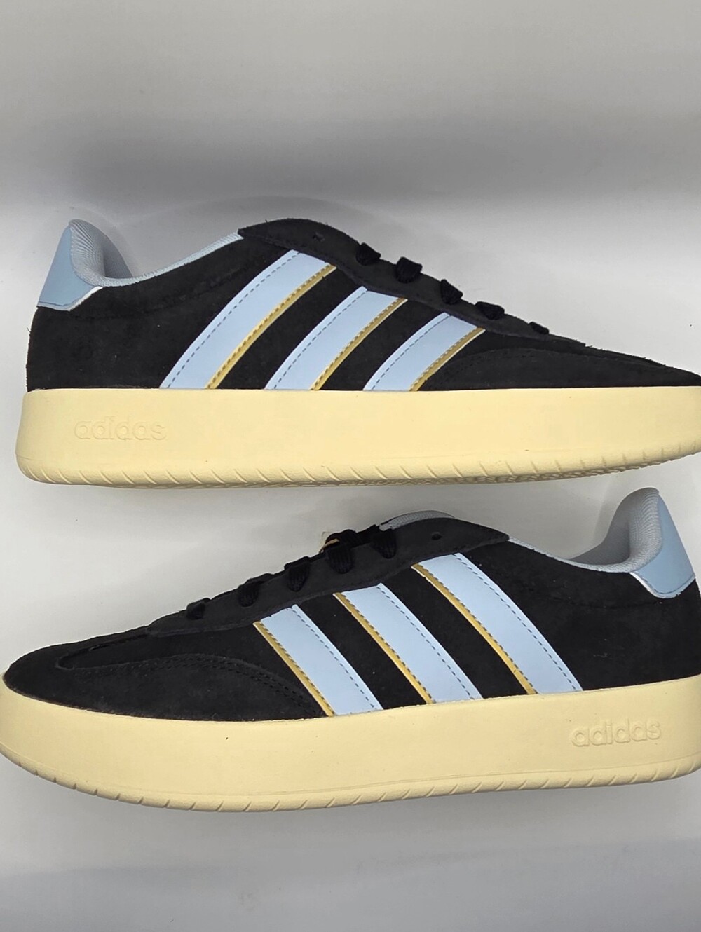 adidas Barreda Womens Size 9.5 Black & Light Blue And Gold Suede Sneakers